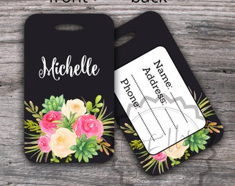 Luggage tags personalized - Custom Bag Tags, Travel Luggage Tag, Pink and Green Watercolor Flowers , Personalized Travel Gift - 003