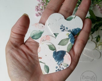 Set of 30 - Watercolor Flowers Seed Paper Hearts  1.9"- 1.65"  Die Cut Shapes