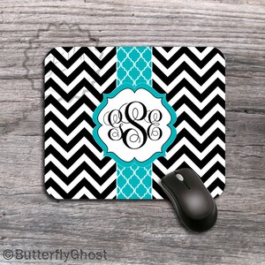 Black chevron and Turquoise Moroccan pattern Monogrammed Mouse pad, personalized desk accessory, customized office gift - 93