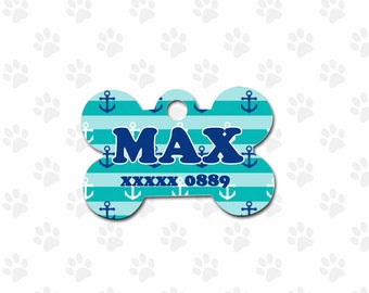 Nautical bone pet tag wit anchors and stripes in turquoise and teal  custom ID tag