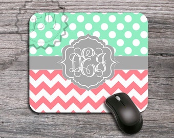 Personalized Mousepad - Mint Polka Dots and Coral chevron monogrammed Mouse Pad, custom computer accessory - 38