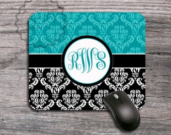 Personalized Mouse Pad Turquoise and Black Damask, Monogrammed Mousepad, computer accessory - 071