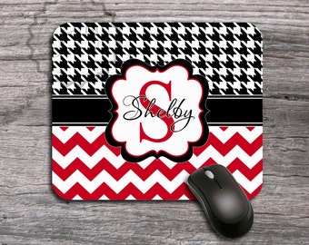 Customized Mouse pad - Black and White Houndstooth pattern with Red chevron Monogrammed mousepad, personalized office gift - 104