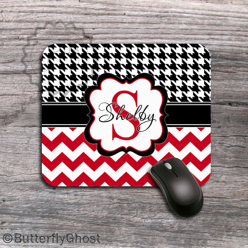 Customized Mouse pad Black and White Houndstooth pattern with Red chevron Monogrammed mousepad, personalized office gift 104 image 1