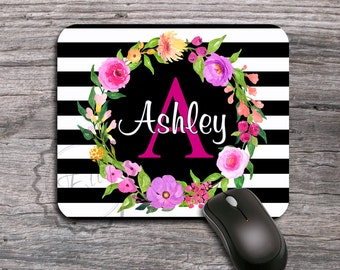 Mouse Pad Rugby Stripe  Watercolor Flower Wreath Wedding Floral Decor Custom  Round Mouse Pad, Mousepad, Personalized Mouse mat - 310