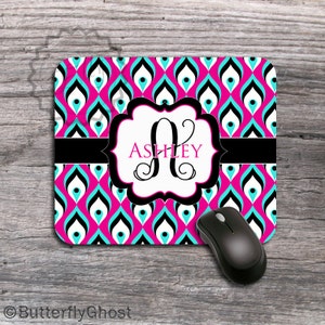 Monogrammed Mousepad Hot Pink, Aqua blue and Black Peacock pattern, custom name or initials, personalized computer gift 032 image 1