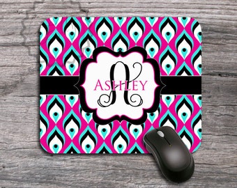 Monogrammed Mousepad - Hot Pink, Aqua blue and Black Peacock pattern, custom name or initials, personalized computer gift - 032