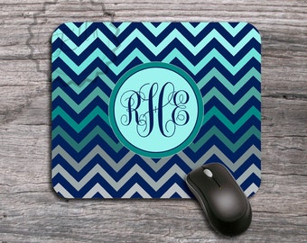 Personalized Mousepad - Navy blue, Aqua blue,Teal and gray mixed chevron, Monogram Mouse pad, cute desk accessory - 051