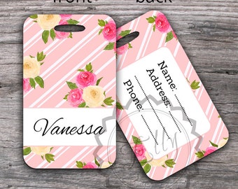 Pink Stripes Luggage Tags Watercolor Roses with Custom Name or Monogram, Stylish Travel Gift for Wedding Couple Honeymoon  - 012