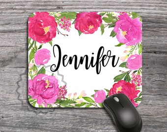 Personalized Mouse Pad, Name Coworker Gift Mousepad Floral Watercolor Mousemat Peonies Mouse Pad Office Desk Accessories Flower Mouse Mat