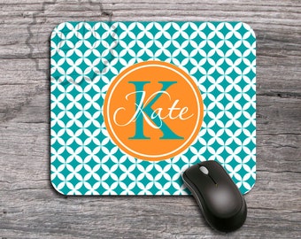 Monogramm-Mauspad - Tangerine Kreis auf Teal Karo-Muster, benutzerdefinierten Namen oder Initialen, personalisierte Mousepad, das Zubehörprogramm - 058