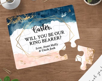 Navy Ring Bearer Proposal - Will You Be Our Ring Bearer Puzzle, Ring Bearer Puzzle Invitation Personalized Ring Bearer Invitation Blush