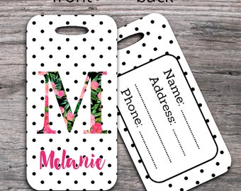 Personalized Luggage Tag, Customized Bag Tag Black Polkadots with Floral Letter  with return address new from ButterflyGhost - 001