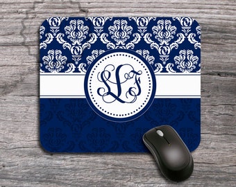 Monogrammed Mousepad - Blue Retro damask, Personalized Mouse pad, office accessory - 52