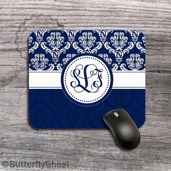 Monogrammed Mousepad - Blue Retro damask, Personalized Mouse pad, office accessory - 52