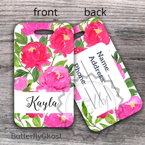Personalized Luggage Tag Pink Peonies Monogram Luggage Tags, Custom First Name Wedding Bridal Gifts, Floral Mr Mrs Travel Tag - 015