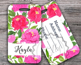 Personalized Luggage Tag Pink Peonies Monogram Luggage Tags, Custom First Name Wedding Bridal Gifts, Floral Mr Mrs Travel Tag - 015