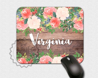 Watercolor Mouse Pad, Rustic Monogram Mousepad,Pink Watercolor Flowers Custom Name Mouse Pad Gift for Coworker Personalized Desk Accessories