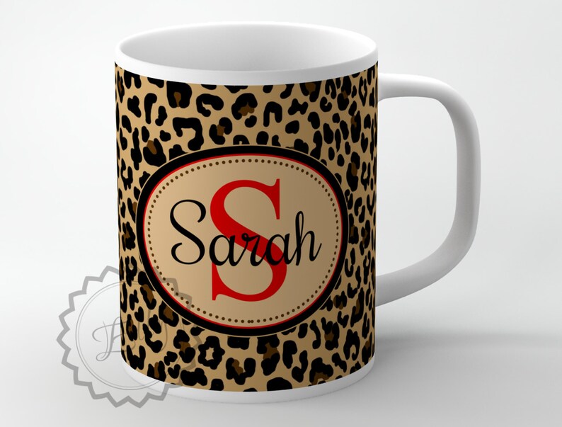 Personalised Cheetah Print Name /& Initial Coffee Tea Mug Gift 11oz Pink Ceramic
