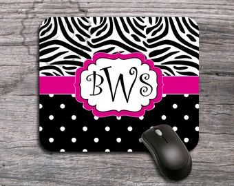 Modern Personalized Desk Mouse pad Black Polka Dots and Black and White Zebra pattern with Magenta Monogram band, gift for the office - 075