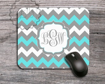 Monogrammed Mousepad - Turquoise blue and Gray chevron, custom name or monogram, personalized Mousepad, computer gift, desk accessory  - 10