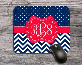 Customized Cute Mousepad - Cute dots and Chevron in navy blue behind Chic Red Label office mat, personalized padding - 147