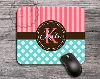 Monogrammed Mouse pad - Cute Aquamarine polka dots and Coral stripes, personalized Mousepad, desk accessory - 49