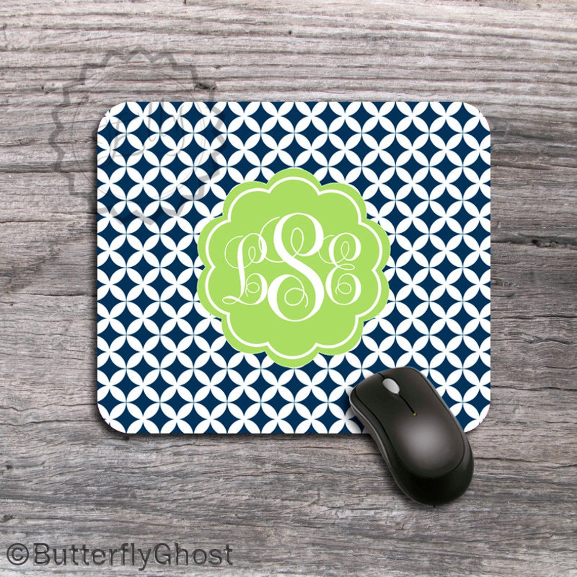 Cute Monogrammed Mouse Pad - Navy Blue Diamonds Pattern With Lime ...