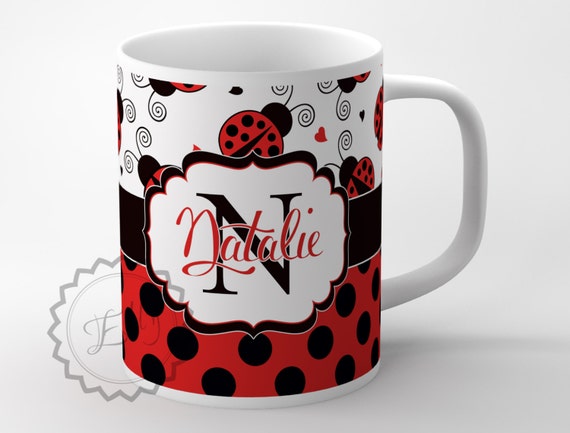 monogrammed coffee mug ladybugs and black dots cute layout etsy