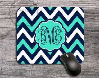 Monogrammed Mousepad - Navy blue and Green Mint chevron, personalized desk mouse pad, office accessory - 043