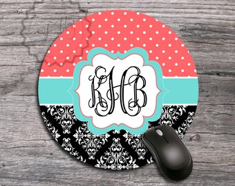 Round Computer mousepad - Beautyful White Lace damask with Dots and Aqua green label desk accessory mat, office boss gift - 173