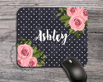 Vintage Roses mouse pad - Chalkboard Pink Roses and Custom Name, Floral Girly Mousepad, Gift for coworker, Office Accessory Gift - 300