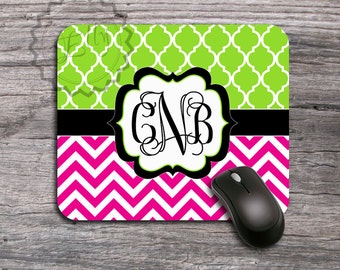 Monogrammed Mousepad - Magenta chevron and Lime moroccan pattern with Black monogram label, customized Mouse pad, accessory for desk - 012