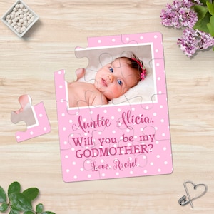 Va a ser mi madrina y padrino solicitud rompecabezas tarjetas bebé niña anuncio foto rompecabezas, padres rompecabezas foto familiar regalo