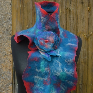 Blue Felted Merino Designer Scarf, Felt Flower Brooch, Felted Scarf, Lightweight Scarf, Felt Scarf With Flower