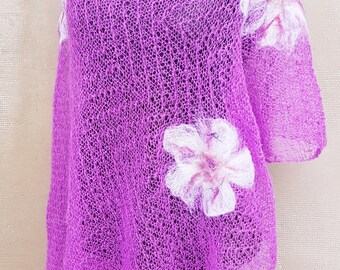 Lilac Mohair Poncho, Knitted Poncho, Poncho with Felt, Lace Flower Shawl, Wedding Wrap, Knit Cover Up, Felted Flower Pattern