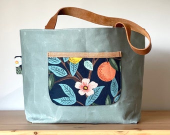 Medium Tote Bag, Sea Salt Waxed Canvas with Leather Straps, Rifle Paper Co Floral