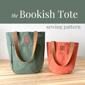 May include: Two tote bags with tan leather straps and a square logo patch on the front. One bag is sage green and the other is terracotta orange. The text above reads the Bookish Tote sewing pattern in white and grey lettering on a green background.