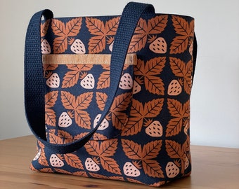 Small Canvas Tote Bag, Navy Blue Strawberries