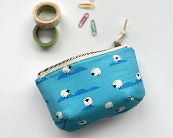 Mini Zipper Pouch, Small Curved Zipper Bag, Blue Sheep