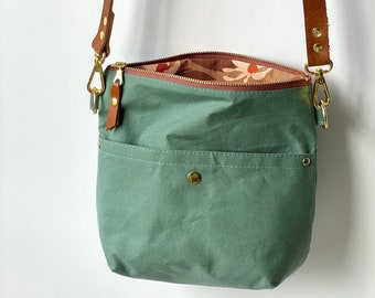 Crossbody Bag with Leather Strap, Sage Green Oilskin Canvas