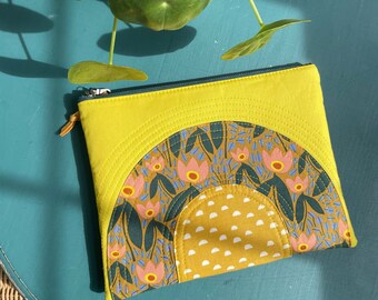 Rainbow Zipper Pouch, Citron Yellow & Floral Quilted Pouch