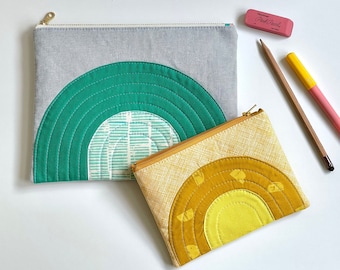 Rainbow Zipper Pouch Set, Teal & Yellow Quilted Zipper Pouches