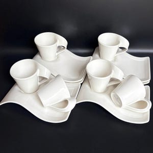 Villeroy & Boch espresso cups and saucers, New Wave shape, white tableware, set of 6 vintage coffee tennis sets