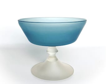 Vintage frosted glass comport with blue bowl and clear pedestal stand, 12.5cm tall, mid century