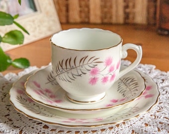 Vintage Taylor & Kent bone china tea cup trio, pink flowers and grasses, 1950s