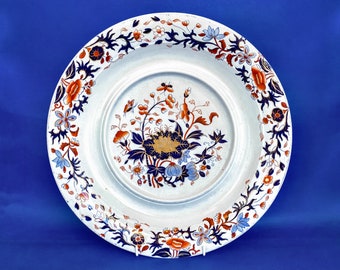 Spode New Stone Imari platter, Georgian large round serving plate, 'Bang Up' floral pattern in blue, orange and gold, 1820s