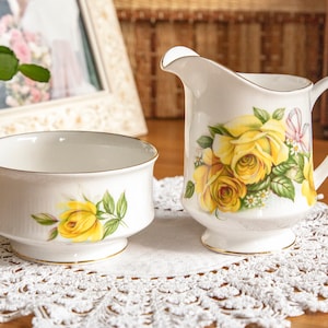Royal Kent milk jug and sugar bowl set with yellow roses and gilding, bone china, 1960s