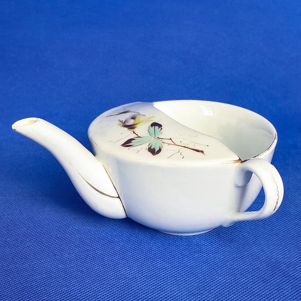 Antique china invalid cup with handle and drinking spout, lilac rosebud decoration, early 1900s