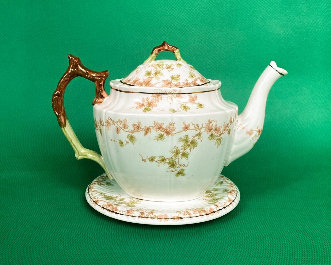 Art Nouveau Teapot and Stand With Handpainted Leaf Patterns Etsy